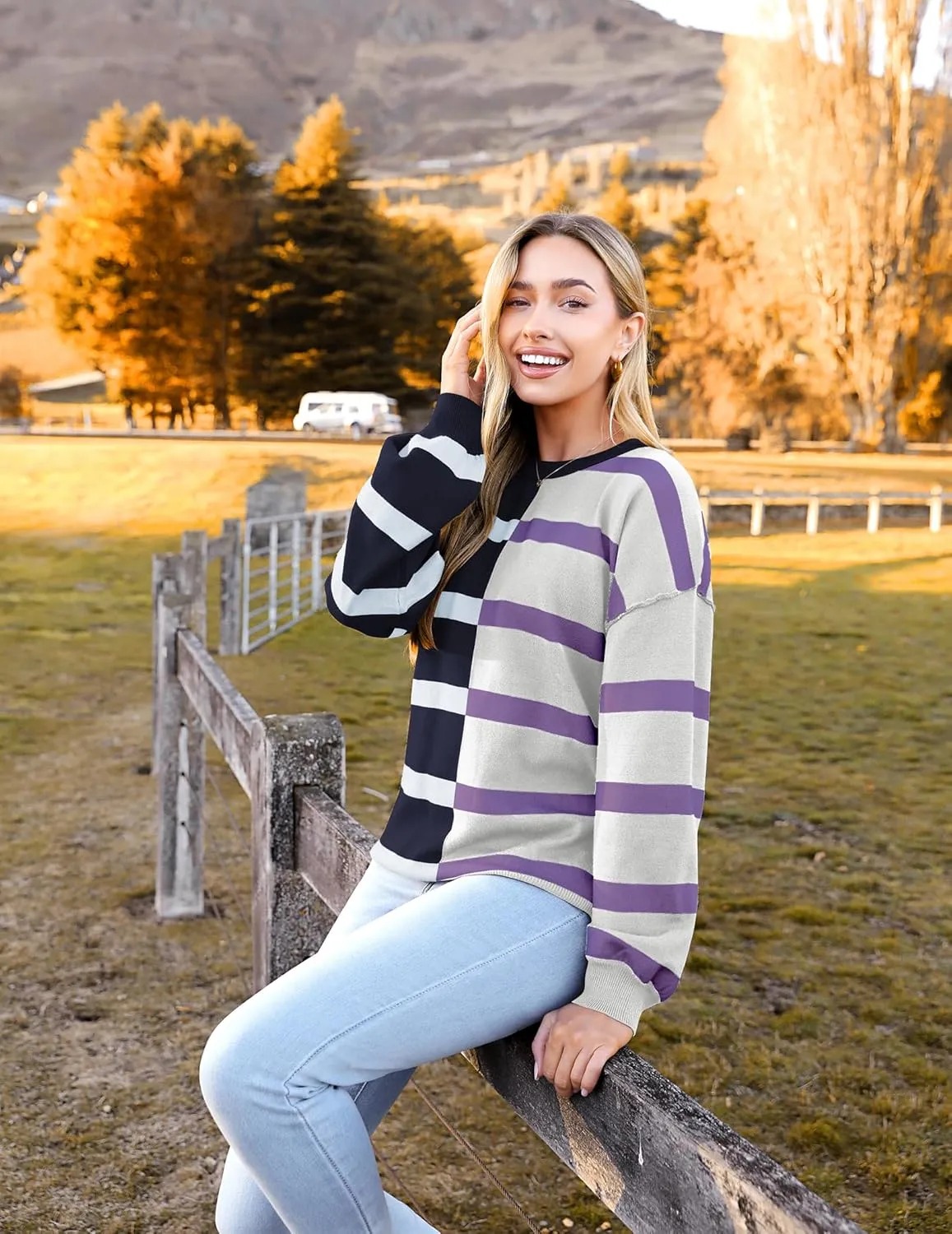 Zeagoo Womens Striped Oversized Sweater 2024 Crew Neck Long Sleeve Knitted Color Block Casual Loose Pullover Top