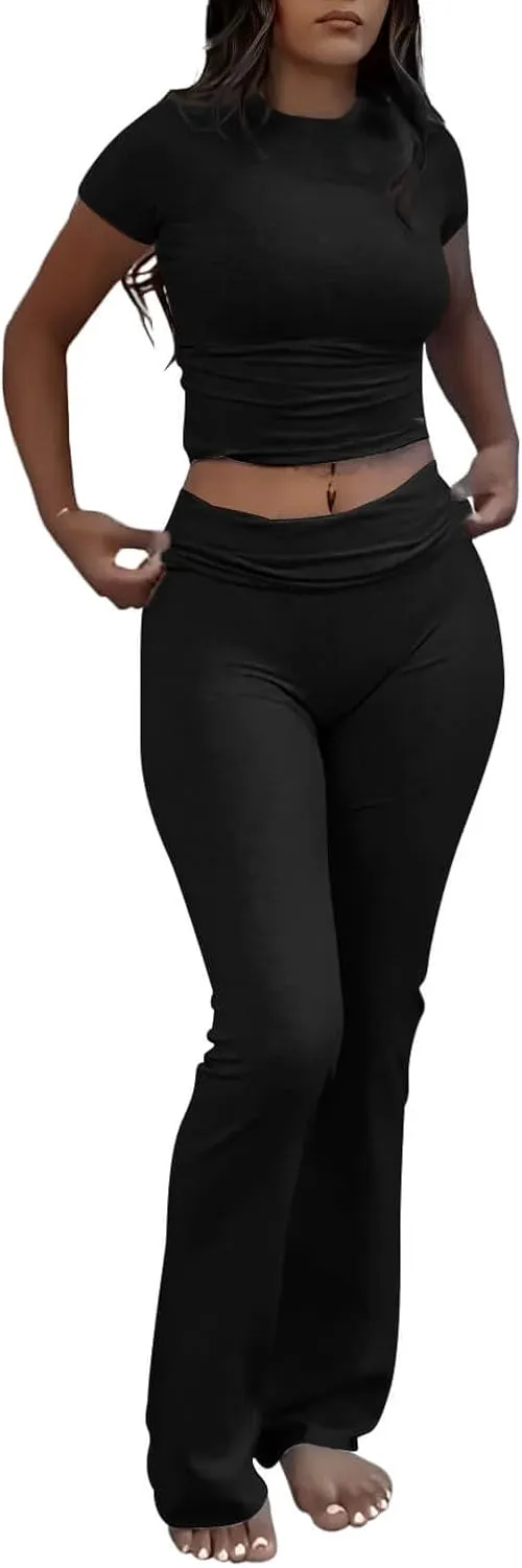ZFLM Casual Workout Two Piece Outfits for Women Short Sleeve Crop High Waist Foldover Flare Pants Tracksuit Sets Streetwear