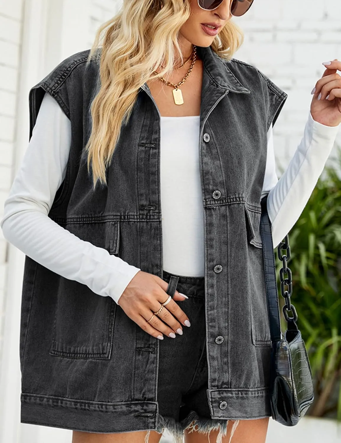 Zontroldy Denim Jean Vest for Women Oversized Sleeveless Button Down Denim Jean Vest Waistcoat Shacket Jacket