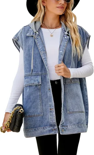 Zontroldy Denim Jean Vest for Women Oversized Sleeveless Button Down Denim Jean Vest Waistcoat Shacket Jacket