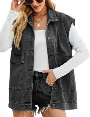Zontroldy Denim Jean Vest for Women Oversized Sleeveless Button Down Denim Jean Vest Waistcoat Shacket Jacket