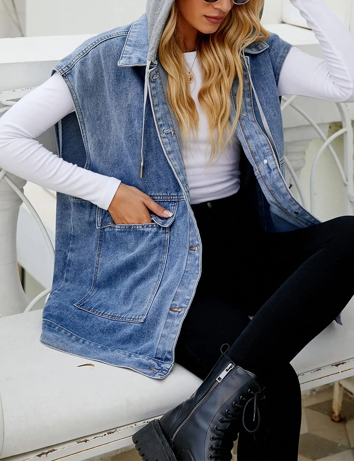 Zontroldy Denim Jean Vest for Women Oversized Sleeveless Button Down Denim Jean Vest Waistcoat Shacket Jacket